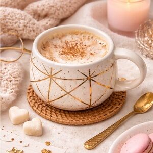 Anthropologie Oleanna Gold Foiled Geometric Starburst Mug Ceramic Coffee Cup